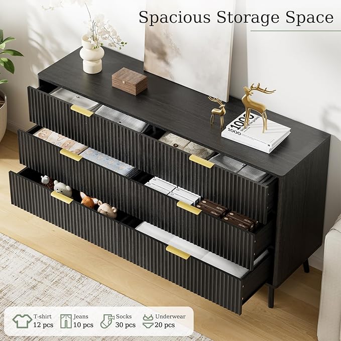 LYNSOM Fluted Dresser and Nightstand Sets 2 Piece, 2-Drawer Nightstands and 6-Drawers Dresser, Wood Bedroom Furniture Set for Home, Bedroom, Hallway, Black