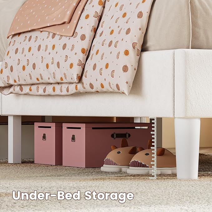ADORNEVE Queen Bed Frame with LED Lights, Princess Velvet Upholstered Platform Bed for Girls, Headboard with Charging Station & Guardrail & Crystal Button, No Box Spring Needed, Beige