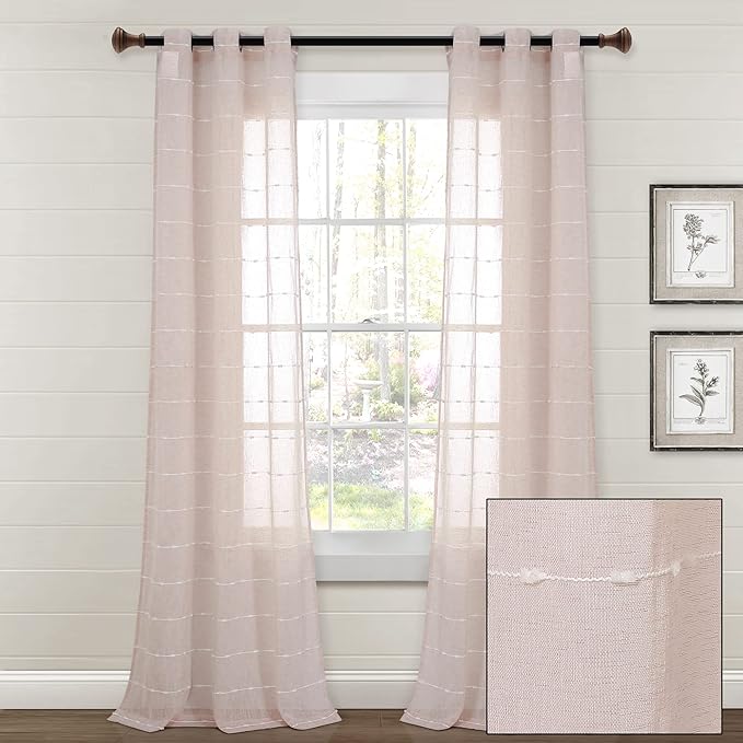 Lush Decor Farmhouse Textured Grommet Sheer Window Curtain Panel Pair, 38"W x 84"L, Blush