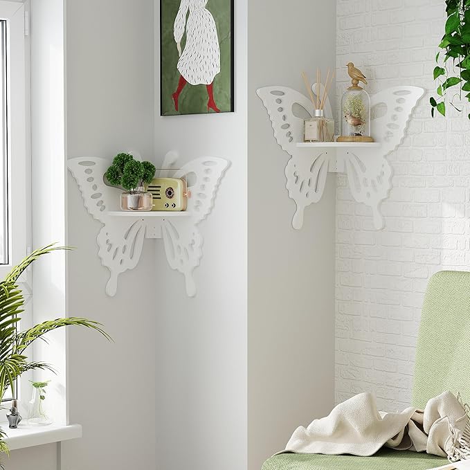Butterfly Corner Shelf Nursery Wall Deor Floating Corner Shelf for Kid’s Room, Small Cute Decorative Shelf Wall Mounted, White Hanging Hollow Out Shelf for Toys, Plants and Decorations Storage, White
