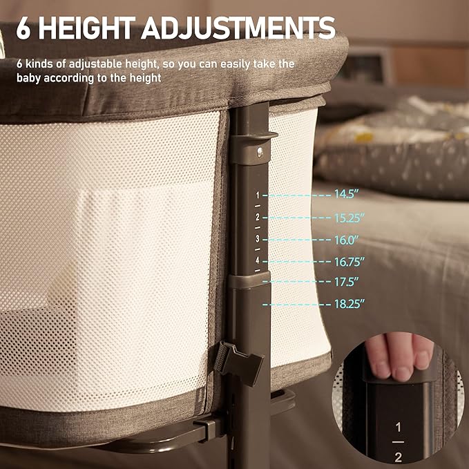 AMKE Baby Bassinet Bedside Sleeper, Portable Bassinet with Wheels, 6-Height Adjustable & Fold Down Side, Full Breathable Mesh Bedside Crib for Baby with Mattress Pad, Easy to Install, Dark Grey