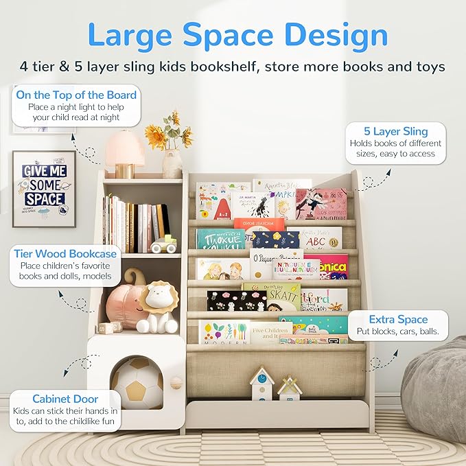 FKWin Kids Bookshelf, Kids Toy Storage Organizer, Baby Storage Book Rack, 4 Tier Kids Wooden Bookshelves, 5 Layer Sling Bookcase for Playroom, Bedroom, Living Room, Kids Room, Nursery, School (Gray)