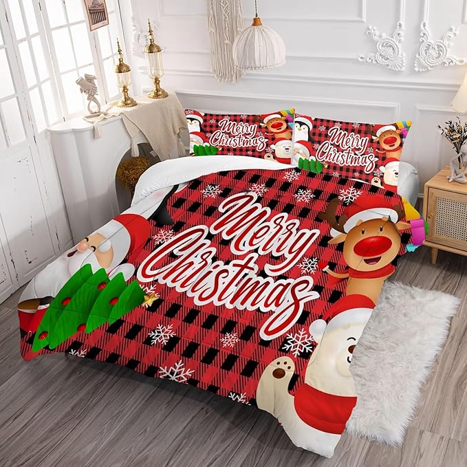 Christmas Comforter Set Full Size Black and Red Plaid Bedding Sets Xmas Gift Christmas Themed Festival Winter Snow Quilt Set,1 Comforter + 2 Pillow Cases