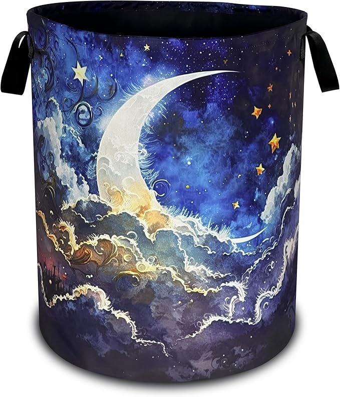 Night Moon Laundry Basket Oxford Cloth Starry Sky Laundry Hamper With Handle Foldable Portable Clothes Storage Basket 18.9 X 16.5 Inch Storage Bag For Laundry Room/Bathroom/Bedroom/Dormitories