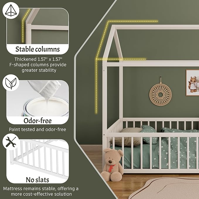 Montessori Style Metal Floor Bed Frame, House Shaped Bed with Fence for Kids and Toddlers, Easy Assemble, No Slats, Twin Size, White