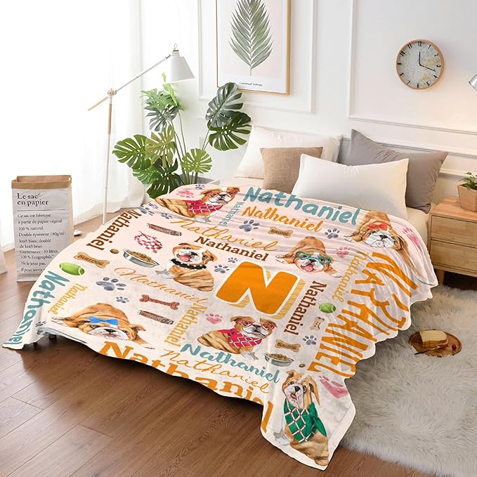 Personalized Custom Bulldog Blanket Gifts for Kids Boys Girls with Name - Customized Bulldog Super Soft Lightweight Flannel Sheets Decor for Crib Nap Couch - 60"x80" for Adult