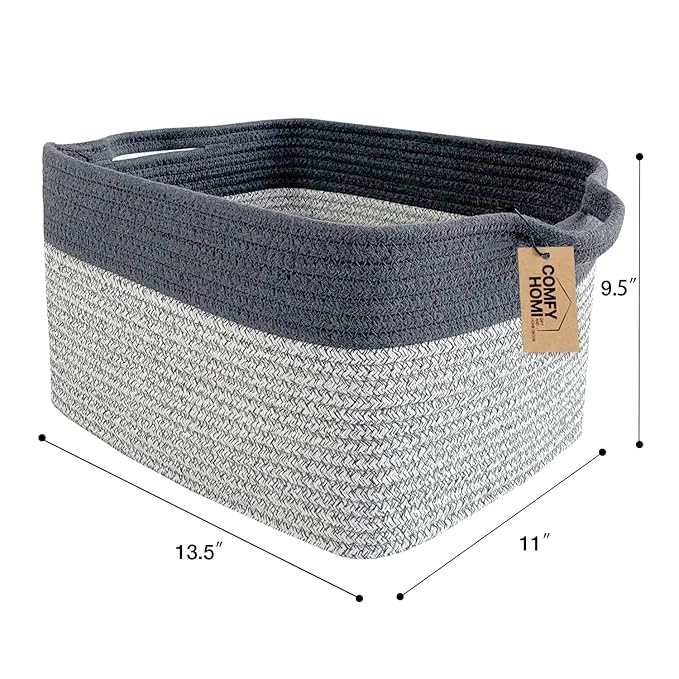 COMFY-HOMI Cotton Rope Woven Basket with Handles for Shelves,Toys,Book, Cloth Storage Baskets Bin for Organizing-13.5"x11"x9.5" Toy Decorative Organizer for Living Room, Bathroom-Light Grey