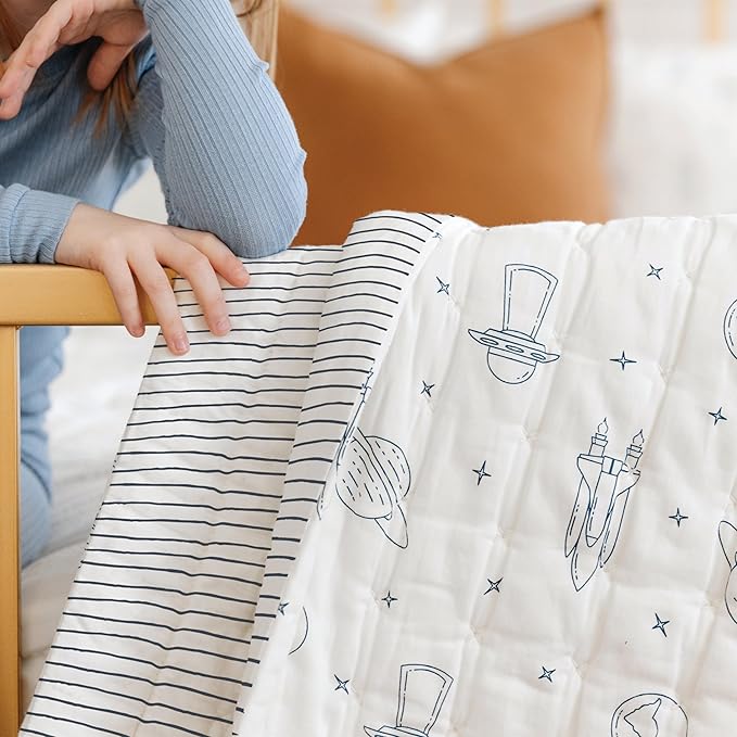 MakeMake Organics Organic Baby Blanket GOTS Certified Organic Comforter Cotton Infill Tufted - Reversible Ultra Soft Breathable (30"x40", Astronaut + Navy Stripes)