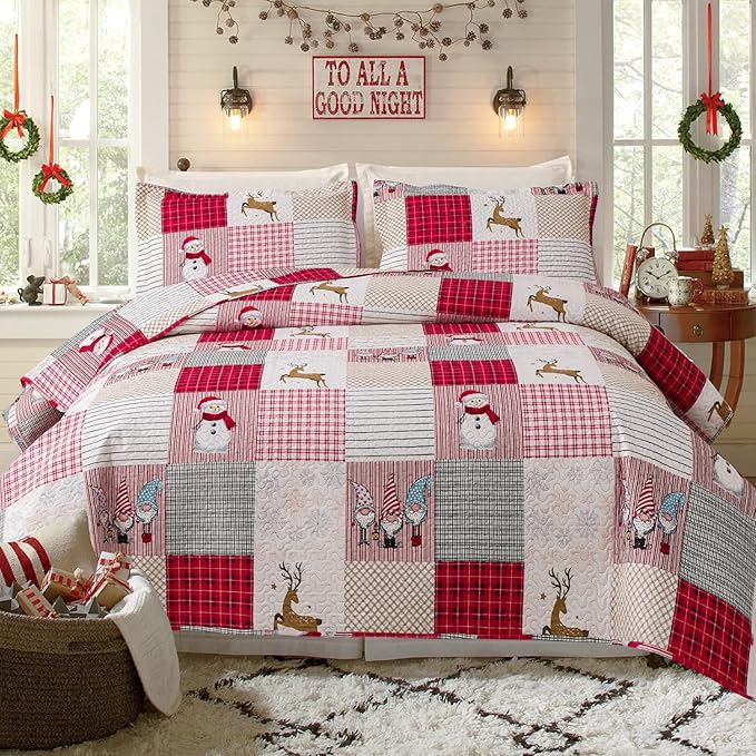 Jessy Home Christmas Bedding Set Twin Christmas Quilt Bedspread,Pink Gnome Santa Claus Plaid Patchwork Xmas Quilt Bedding Decor Winter Snowman Elk Lightweight Reversible Bedspread Coverlet