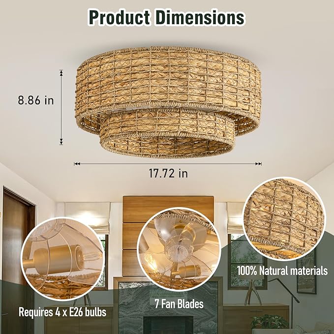 Boho Caged Ceiling Fans with Lights Flush Mount,Layered Rattan Ceiling Fan with Light Remote Control,Reversible 6 Speeds for Bedroom,Nursery,Living Room