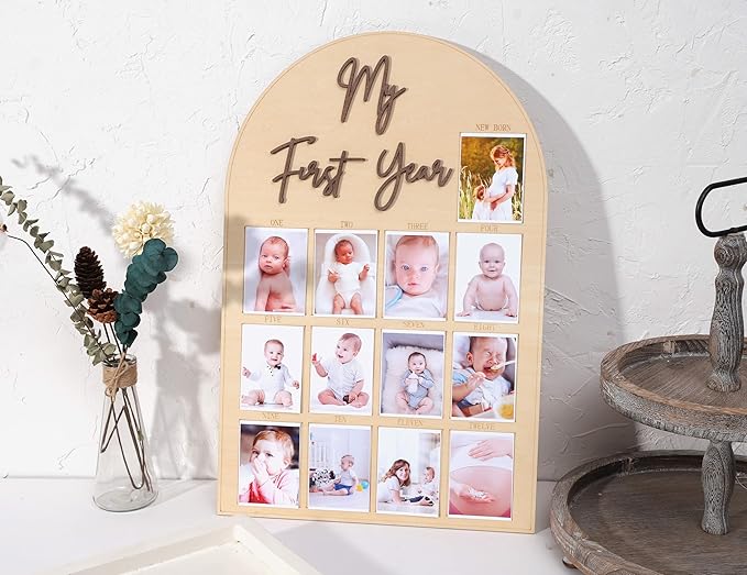 One Year Wood Photo Board - My First Year Month Milestone Board, Girl/Boy 1st Birthday Decorations, 12 Months Banner