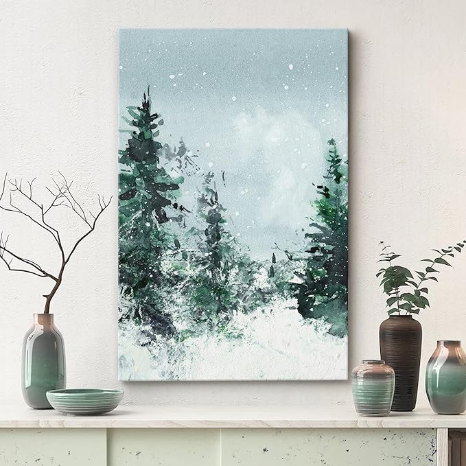 SIGNWIN Canvas Print Wall Art Woodland Nursery Decor Winter Snow Watercolor Pine Tree Forest Nature Illustrations Modern Art Decorative Landscape Colorful for Living Room, Bedroom, Office - 12"x18"