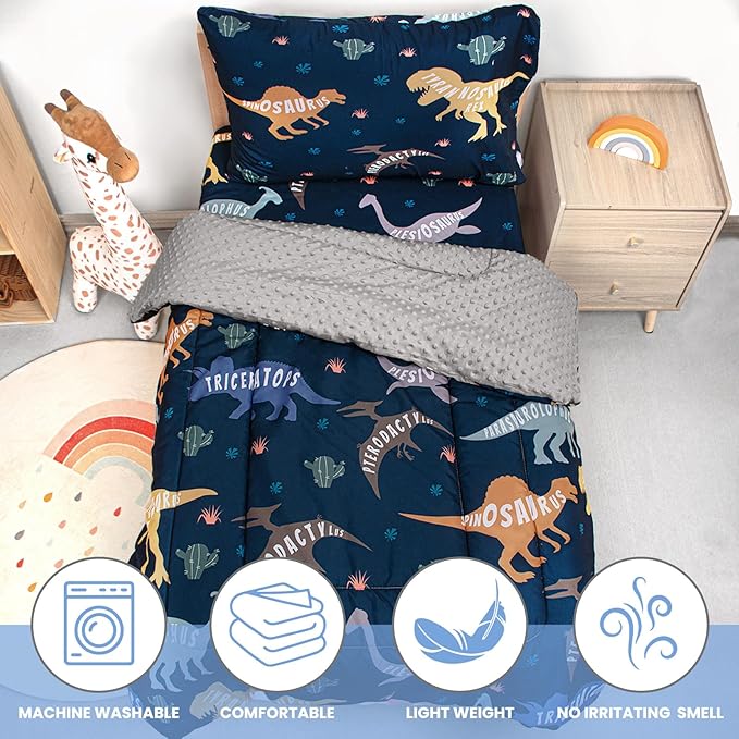 Toddler Bedding Set, Plush Minky Fabric Crib Bedding Set for Girls, Breathable and Soft Baby Crib Bedding Set, Includes Toddler Comforter, Flat Sheet, Fitted Sheet and Pillowcase (Green Dinosaur)