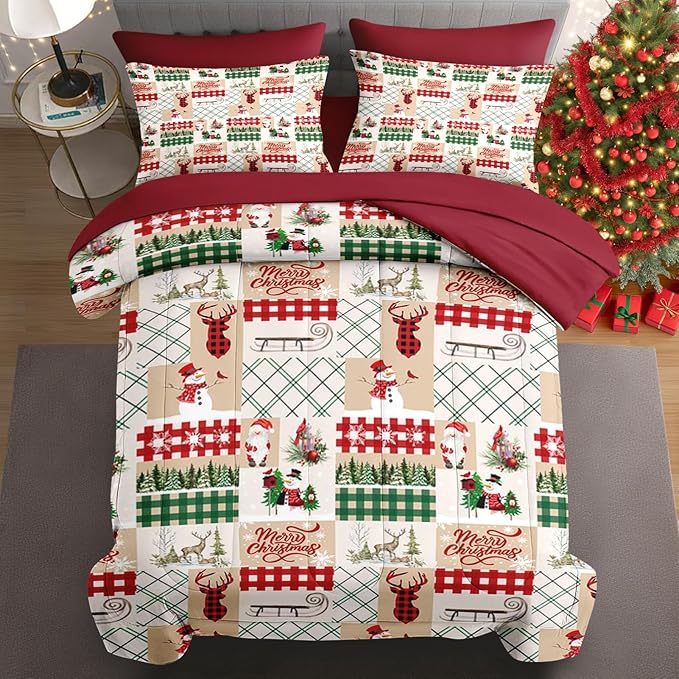 7 Pcs Queen Size Christmas Comforter Set with 2 Pillowcases & 2 Shams, Winter Xmas Plaid Bedding for Kids and Adults, Cute Snowman Reindeer Bed in a Bag with Flat Fitted Sheet