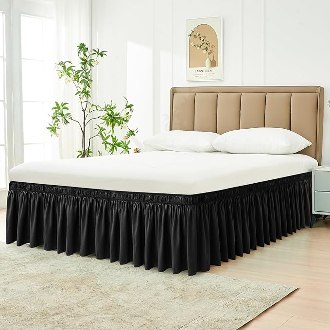 Biscaynebay Wrap Around Bed Skirts for King & Cal King Beds 19" Long Drop, Black Adjustable Elastic Dust Ruffles Easy Fit Wrinkle & Fade Resistant Silky Luxurious Fabric Solid Machine Washable