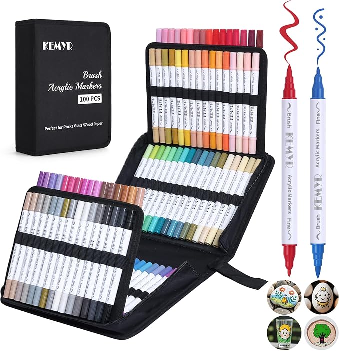 100 Colors Brush & Fine Tip Acrylic Paint Pens, Dual Tip Acrylic Paint Markers for Paper, Wood, Canvas, Stone, Rock, Glass, Fabric, DIY, Ceramic, Art Supplies for Adults Drawing