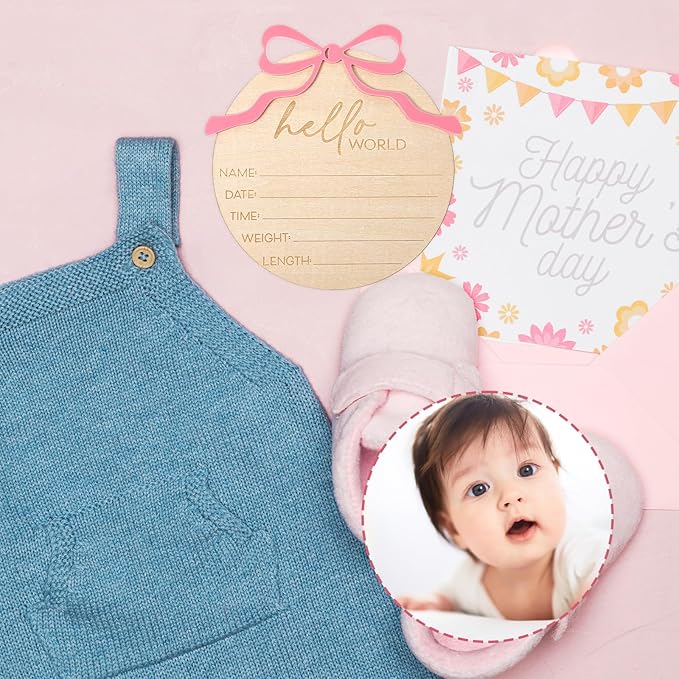 Baby Name Announcement Sign - Wooden Hello World Newborn Sign - Pink Bow Nursery Decor Welcome to the World Baby Girl Newborn Signs for Hospital