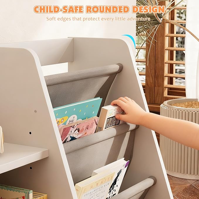 NACHES 3 Tier Kid Bookshelf Wooden 4 Sling Children Bookcase Toddler Adjustable Book Rack Display Toy Storage Organizer Book Display Shelf Classroom Bedroom Nursery Playroom,25inch (White, Small)