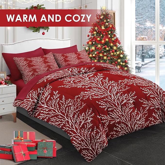 7 Pcs Full Size Christmas Comforter Set with 2 Pillowcases & 2 Shams, Red Botanical Bedding for Kids and Adults, Winter Tree Branch Bed in a Bag with Flat Fitted Sheet
