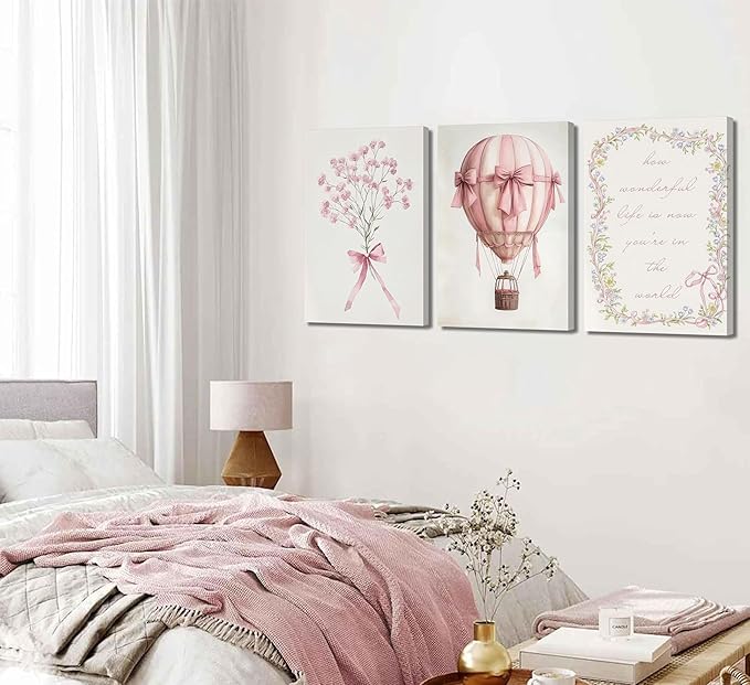 3Pcs Pink Nursery Canvas Wall Art Pictures Cute Baby Girls Room Posters Print Neutral Pink Bow Bouquet Hot Air Balloon Pastel Painting Wall Decor for Kids Room Little Girl Bedroom 16x24in Framed