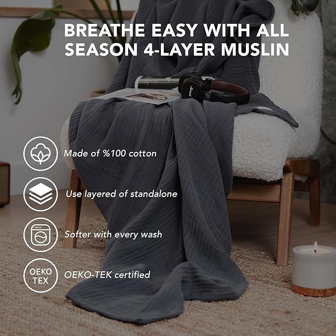 Goqan Muslin Blanket Twin 55x79 – 100% Cotton 4 Layer Boho Muslin Blanket for Adults, Lightweight, Soft, Breathable - Dark Grey