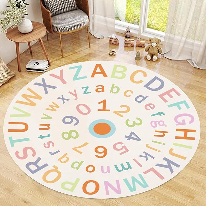 Children's Round Colorful ABC Rug,3ft,Soft Fluffy Alphabet Educational Rug, Non-Slip Washable Children's Crawling Game Rug Carpet for Boys Girls Bedroom Playroom Nursery Decoration