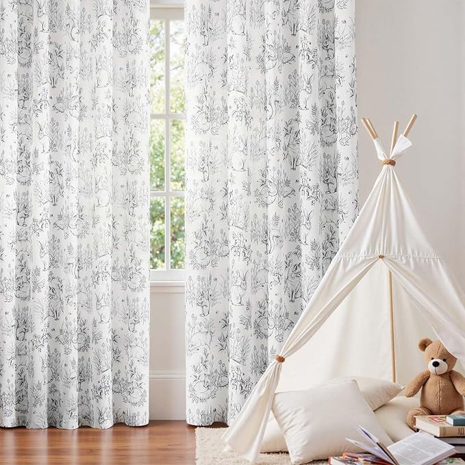 jinchan Linen Nursery Curtains 96 inch Long Woodland Wildlife Grey Print Drapes for Kid's Room Light Filtering French Country Farmhouse Gray Curtains with Bunny and Forest Design Set of 2 Panels