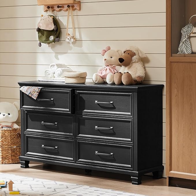Farmhouse Wood 6 Drawer Dresser Set of 2, 54 inch Wide Large Vintage Chest of Drawers for Bedroom, Rustic Dressers TV Stand with Square Solid Wooden Legs for Living Room, Hallway, Black