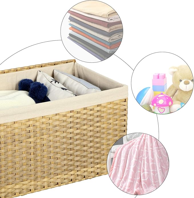 SONGMICS Storage Basket with Lid, 17.2 Gallon (65L) Storage Bin, Woven Blanket Storage Basket with Handles, Foldable, Removable Liner, Metal Frame, for Bedroom, Laundry Room, Natural URST56NL