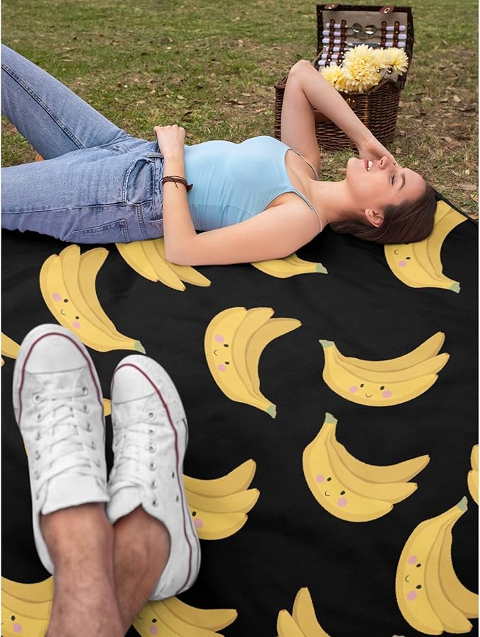 Thuswarm Cute Banana Kawaii Black Flannel Throw Blanket Warm Cozy Soft Funny Print Blankets for Bed Couch Sofa Room Decoration Gifts 80”×60” Large for Adult