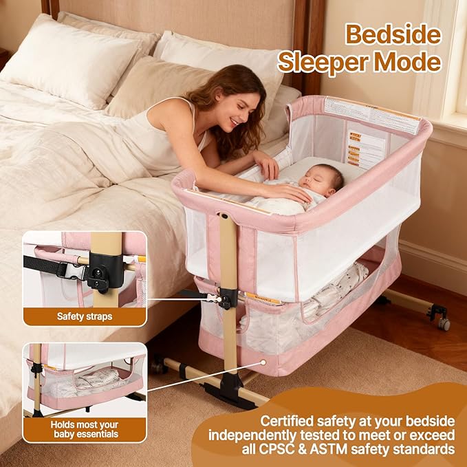 Baby Bassinet Bedside Sleeper, 3-in-1 Bedside Bassinet, 5 Height Adjustable Rocking Baby Crib, Breathable Full Mesh, Mosquito Net, Storage Basket, Stable and Secure Bassinets for Newborn Infant
