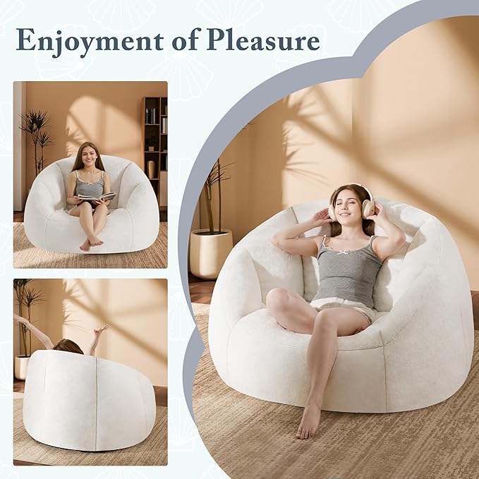 Giant Bean Bag Chaise Lounge Indoor Chair for Adults with Ottoman - Comfy Plush Round Shell Soft Accent Chair, Oversized Cozy Floor Sofa for Living Room, Bedroom & Game Rooms, Beige