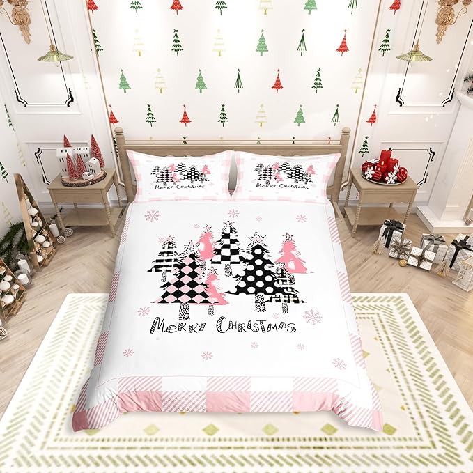 Merry Christmas Duvet Cover Set Queen Size, Pink Plaid Xmas Trees Bedding Set 3pcs, New Year Holiday Quilt Cover with Zipper Closures, Kids Girls Santa Claus Room Decor, 2 Pillowcases, No Comforter
