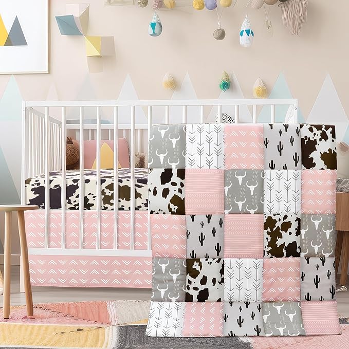 3 Piece Patchwork Western Crib Bedding Set for Boys Girls Cow Cactus Print Baby Bedding Barnyard Western Nursery Decor Soft Baby Bed Set Includes Quilt Fitted Crib Sheet Bed Skirt (Cowgirls)
