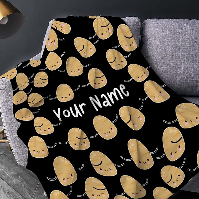 Custom Flannel Blanket with Text Cute Kawaii Potato with Name Customized Blankets Warm Unique Personalized Throw Souvenirs Gift of Love 60”×50” Medium for Teen