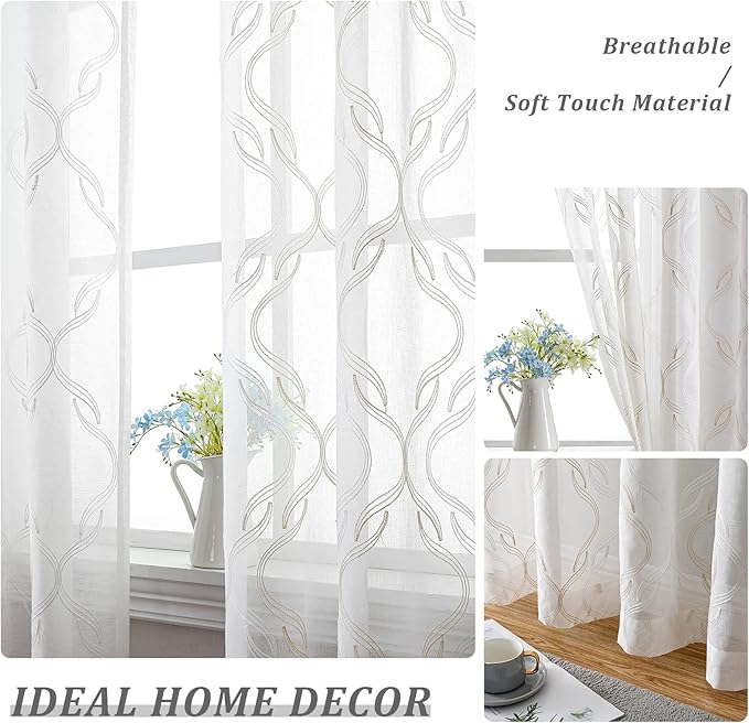 VISIONTEX Sheer Curtains 84 Inches Long 2 Panels Set, Beige and Ivory Two Tone Textured Moroccan Embroidery Geometric Rod Pocket Ivory Voile Tulle Semi Window Treatment Pair for Bedroom, W54 x L84