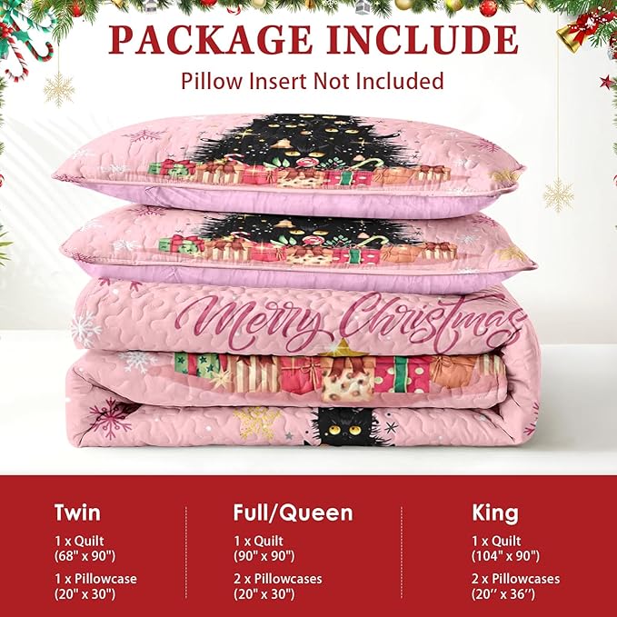 Christmas King Size Quilt Set, Black Cat Xmas Trees Lightweight Bedspread Coverlet with Pillow Shams for Kids and Adults, Pink Snowflakes 3 Pcs Bedding Bed Cover