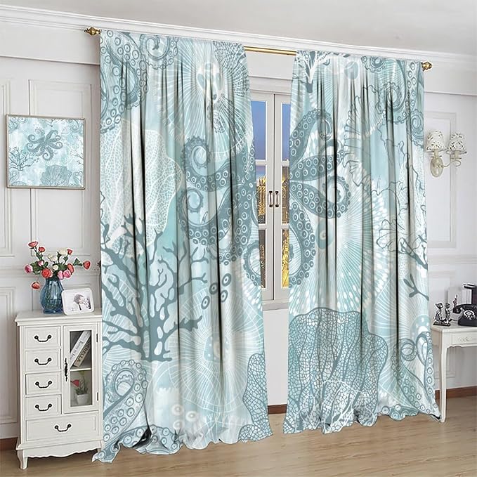 Coastal Window Curtains,Nautical Beach Themed Thermal Insulating Blackout Curtain for Living Room, Bedroom Set 2 Panels,42x54 Inches