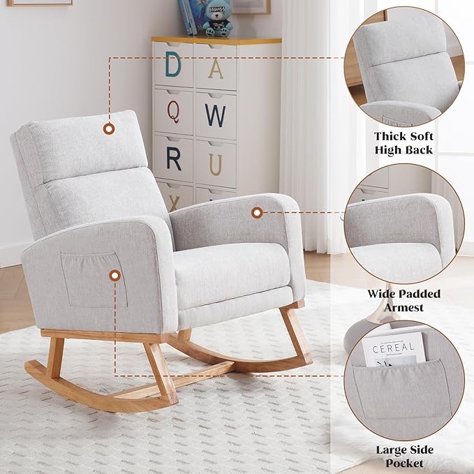Rocking Chair Nursery, Nursing Rocking Chairs with Foot Rest for Mom Breastfeeding, Rocker Glider Chair with High Backrest for Living Room, Bedroom, Light Gray
