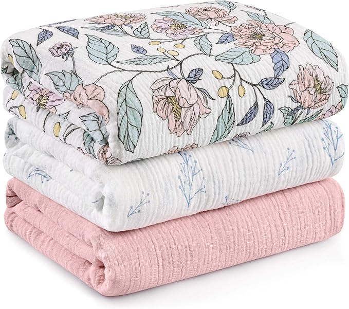 Muslin Swaddle Blankets for Newborn, 3 Pack Breathable Soft Receiving Blanket, Large 38 x 40 inches Swaddle Wrap Burping Clothes, Essentials Infant Shower Items, Toddler Gift (Cute Flower, 3 Pack)