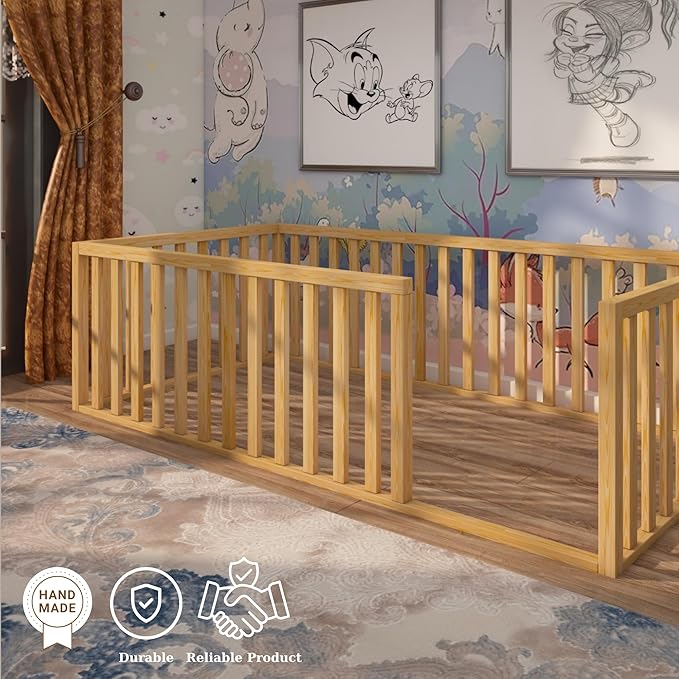 Montessori Floor Bed for Kids 27.5'' x 53'' Crib | Toodlers Floor Bed with Safety Guardrails | Pine Wood Baby Bed | Sturdy Wood Frame Bed for Girls and Boys (Crib, Height : 19 Inches)