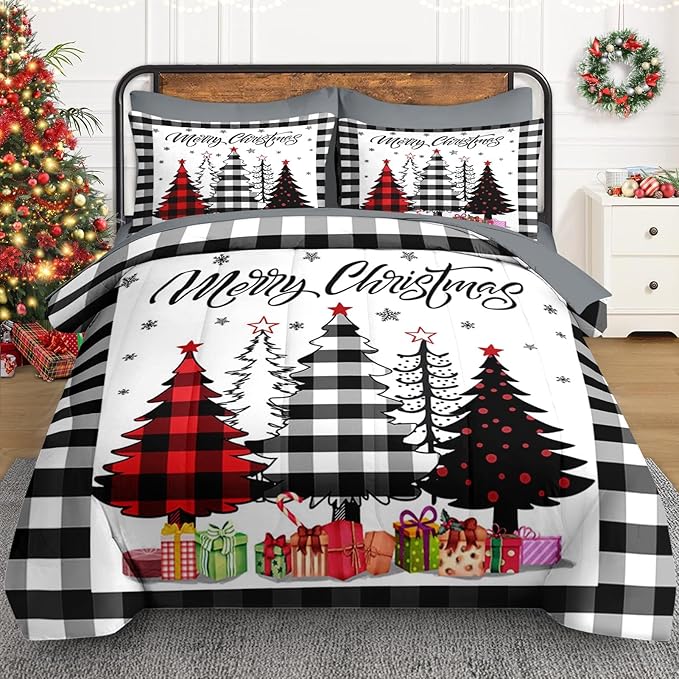 7 Pcs King Size Christmas Comforter Set with 2 Pillowcases & 2 Shams, Buffalo Check Plaid Tree Bedding for Kids and Adults, Winter Snowflake Bed in a Bag with Flat Fitted Sheet