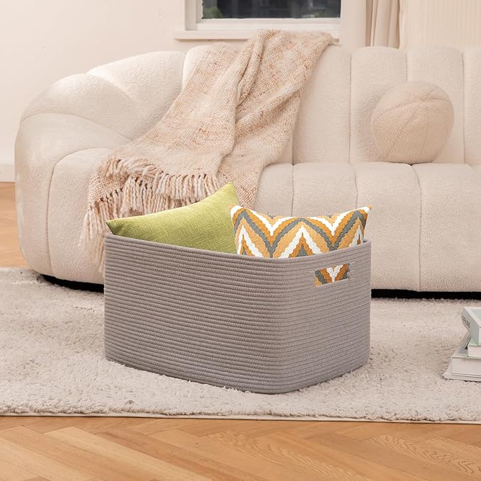 OIAHOMY 75L Large Blanket Basket, Woven Blanket Storage Basket with Handle, Cotton Rope Basket for Organizing 22”x17”x12”, Blanket Basket living Room, Toy Basket for Nursery, Grey