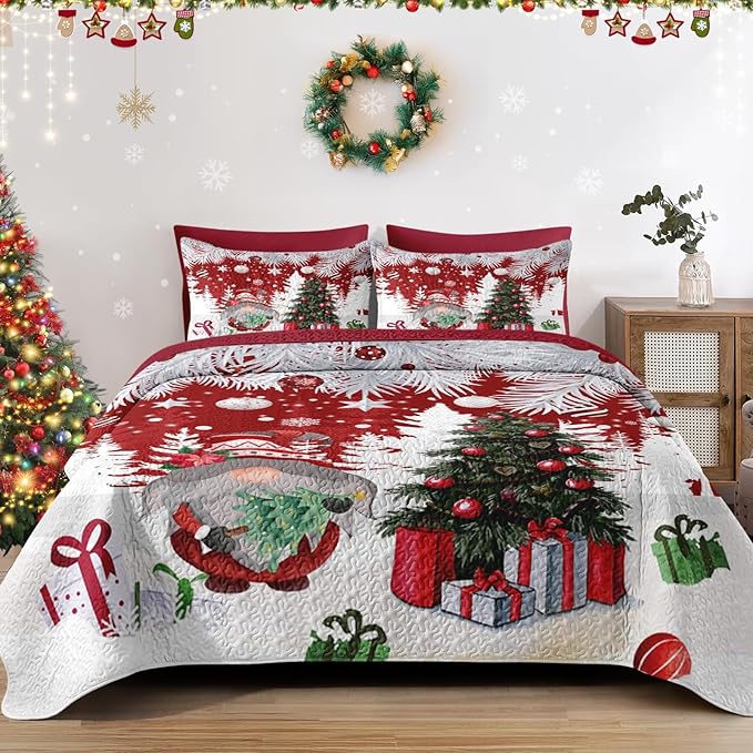 Christmas Full/Queen Size Quilt Set, Cute Gnome Lightweight Bedspread Coverlet with Pillow Shams for Kids and Adults, Merry Xmas 3 Pcs Bedding Bed Cover