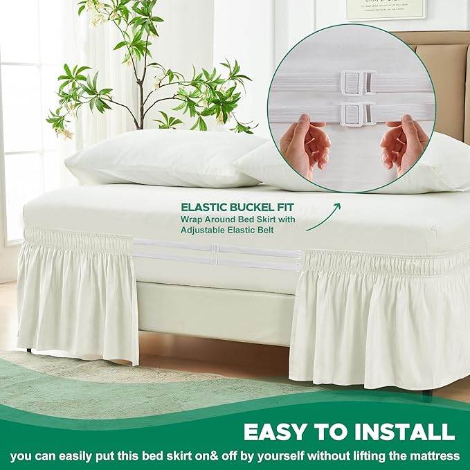 Biscaynebay Wrap Around Bed Skirts for King & Cal King Beds 15" Drop, Ivory Adjustable Elastic Dust Ruffles Easy Fit Wrinkle & Fade Resistant Silky Luxurious Fabric Machine Washable