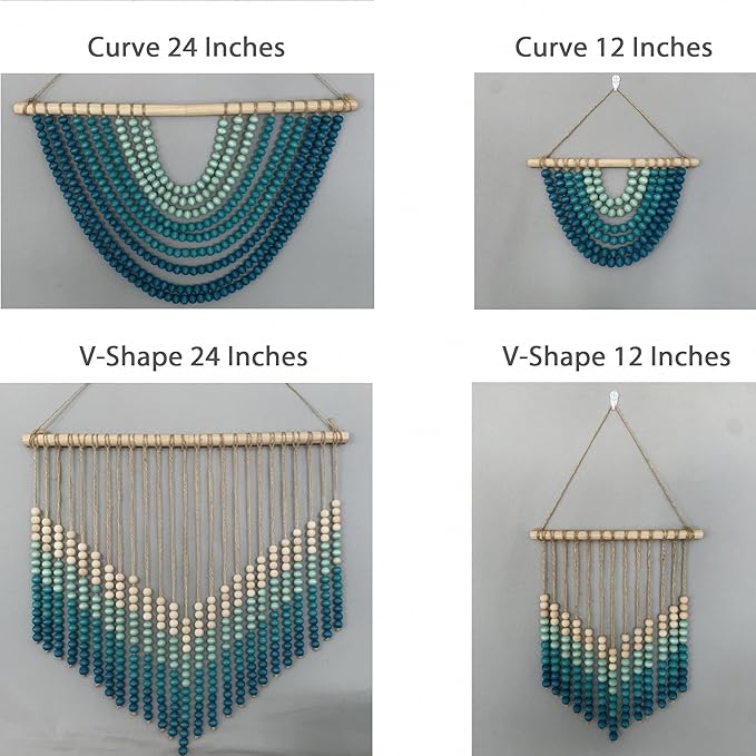 Boho Ombre Wood Bead Wall Hanging, Handmade Unique Giant Art Decor for Bedroom, Nursery, Living Room, or Entryway (V Coastal Blue Gradient, 24 Inches)