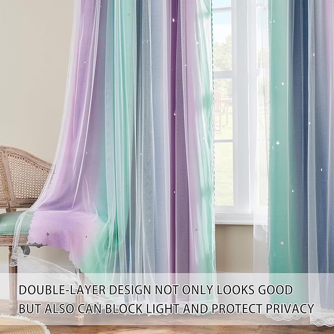 XiDi Purple Grey Curtains for Kids Bedroom Colorful Rainbow Design Cute Green Blackout Curtains for Girls Princess Room Decor Kitchen Cafe Window Grommet Top 2 Panels Set 54 inchs Long 52 Inches Wide