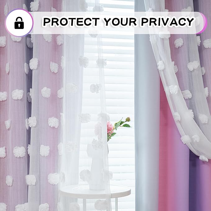 MYSKY HOME Pink Purple Curtains for Bedroom 72 Inch Long Nursery Curtains Pom Pom White Sheer Curtains for Girls Room Double Layer Toddler Dining Room Grommet Room Darkening Window Panels W52 X L72