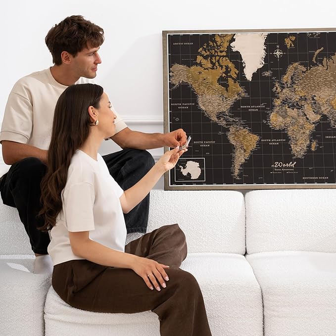 Canvas World Map with Cork Pin Board - English Lettering - Decorative Wall Decoration for All Rooms - Canvas Pictures with World Map Motif (70x50 cm, Pattern 5)
