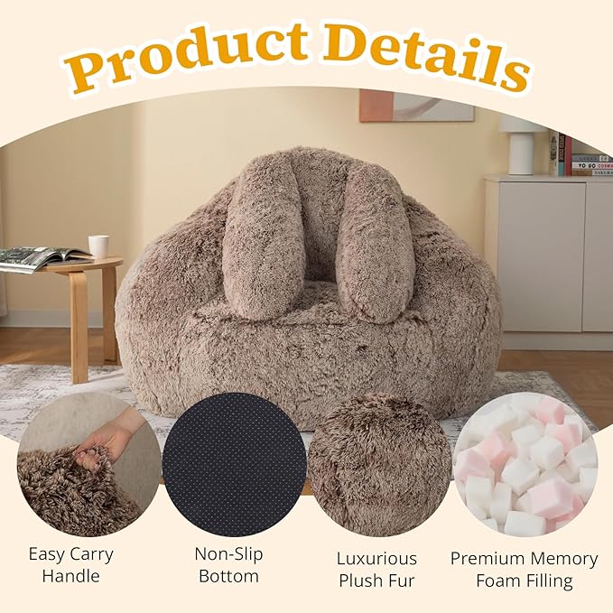 Bean Bag Chair for Adults Kids Giant Fluffy Plush Bean Bag Sofa with Filler Faux Fur Rabbit Shaped Beanbag Chairs Comfy Accent Floor Couch for Gaming, Reading in Bedroom, Living Room, Dorm